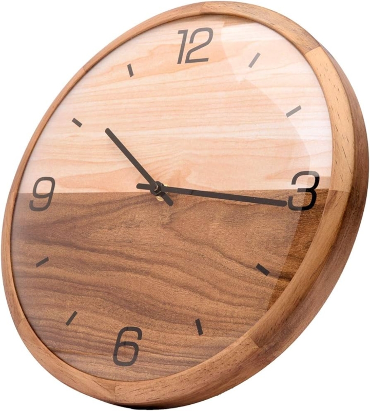 Wall Clock Pine Frame Two-Tone Face Domed Glass Minimalist Wood Decor