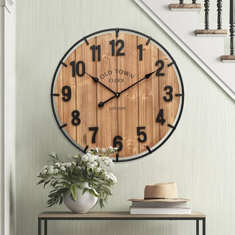 Wall Clock: Planked Face, Oversized Farmhouse Decor, Wood & Metal Rim