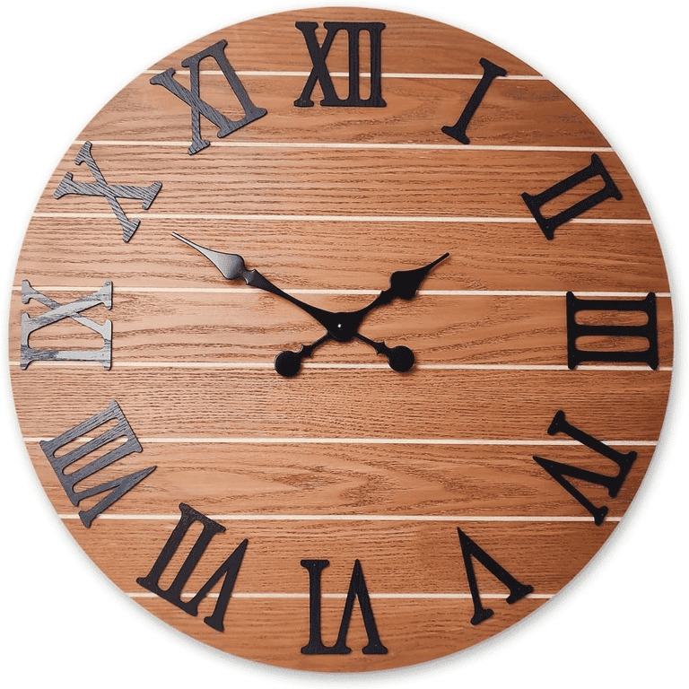 Wall Clock Planked Wood Face Large Black Numerals Rustic Farmhouse Decor