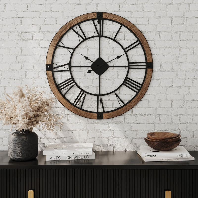 Wall Clock Planked Wood Face Roman Numerals Modern Farmhouse Rustic Decor