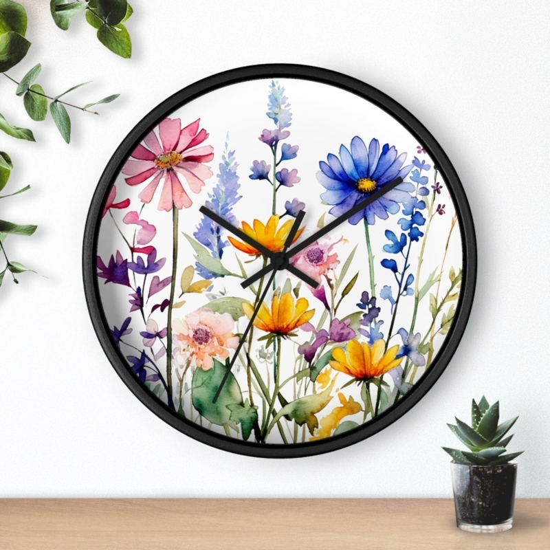 Wall Clock, Pressed Flower Face, Numberless Dial, Wood Frame