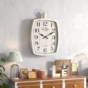Wall Clock Rectangular Distressed White Finish Vintage Style