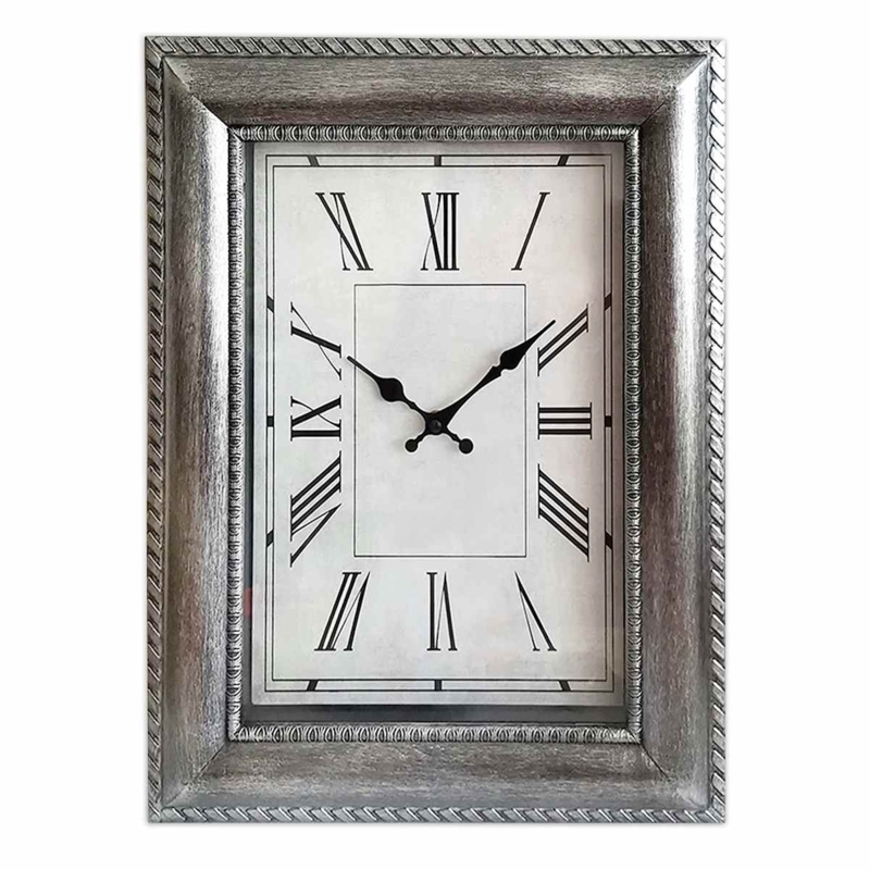 Wall Clock Rectangular Pewter Finish Industrial Roman Numerals