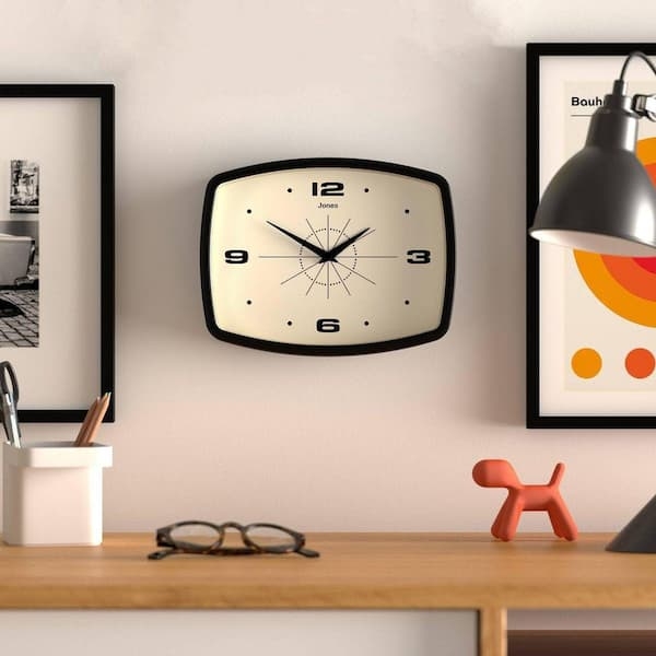 Wall Clock, Retro Black Rectangular Frame, Rounded Corners, Red Hand