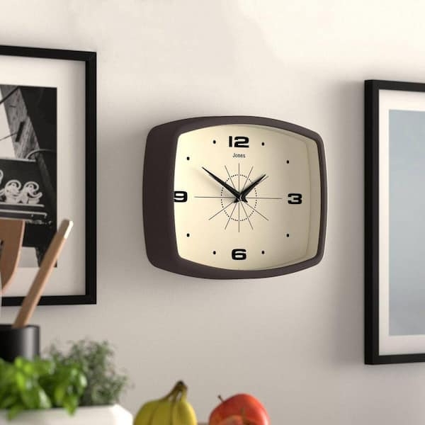 Wall Clock Retro Font Mid-Century Brown Wood Toned Frame