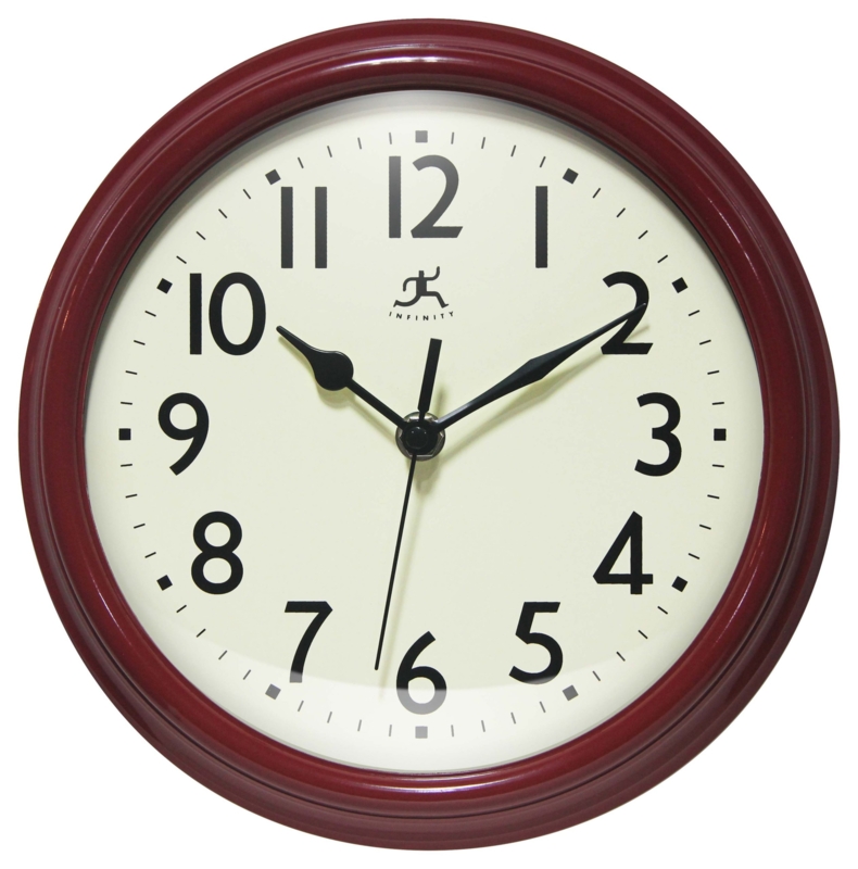 Wall Clock, Retro Vibrant Red Glossy Frame, Silver Inner Bezel Ring