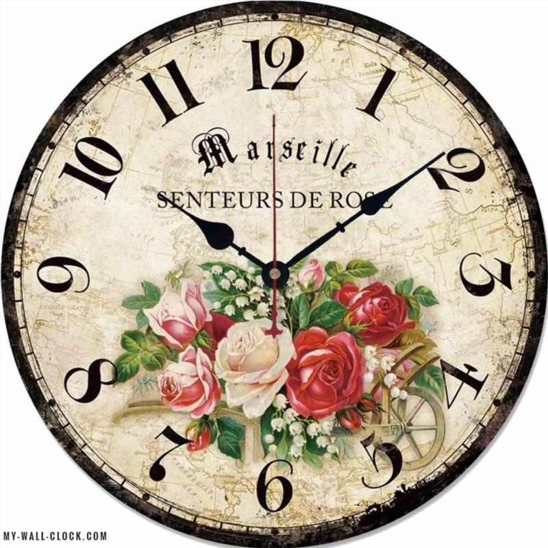 Wall Clock Rose Bouquet Illustration, Shabby Chic Floral Wall Decor