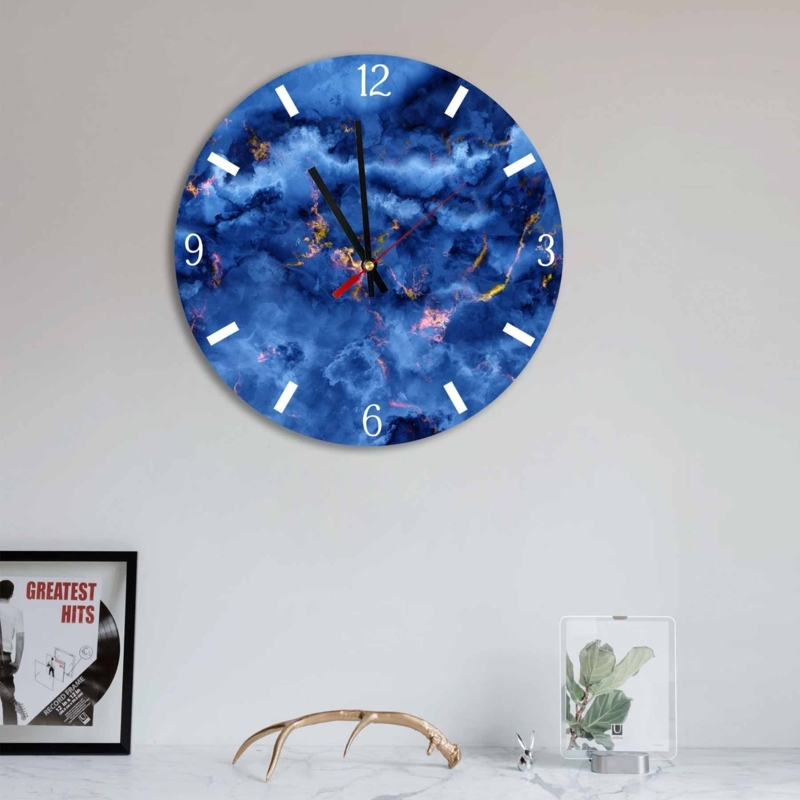 Wall Clock Round Abstract Blue & Gold Marble Pattern Glossy Finish