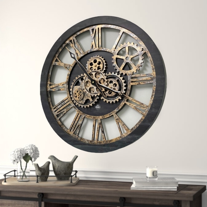 Wall Clock Round Black Metal Skeleton Dial Exposed Gears