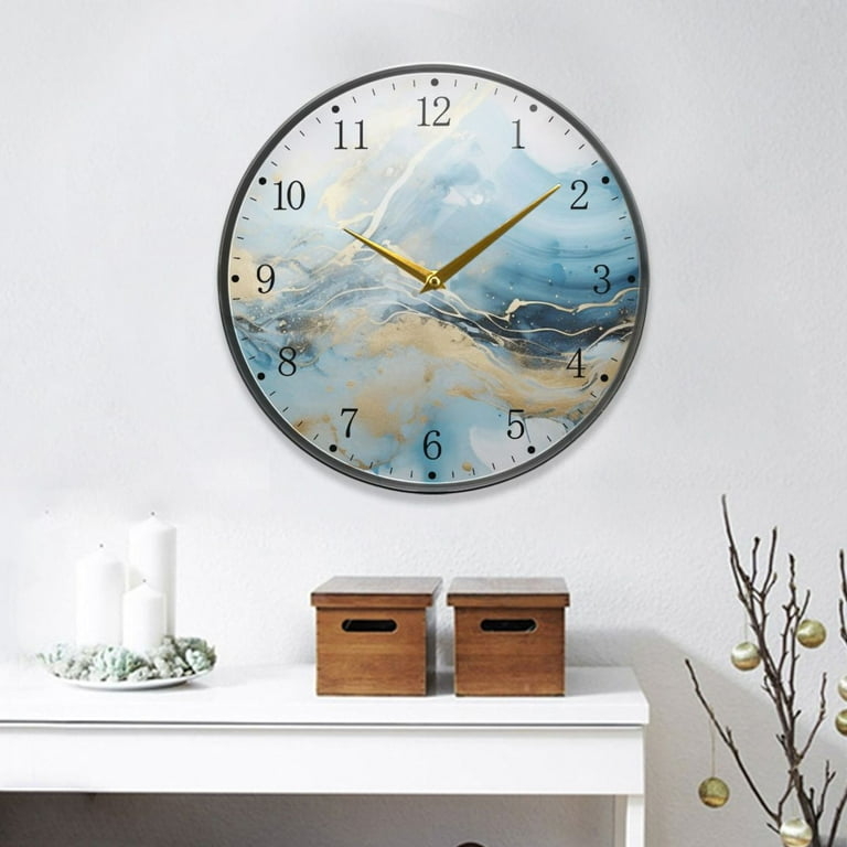Wall Clock Round Blue Marble Veining with Acrylic Minimalist Face