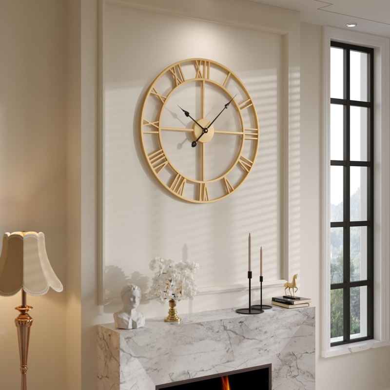 Wall Clock Round Minimalist Metallic Open Frame Roman Numeral Decor