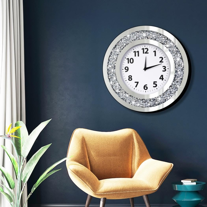 Wall Clock Round Mirrored Crushed Diamond Border No Second Hand