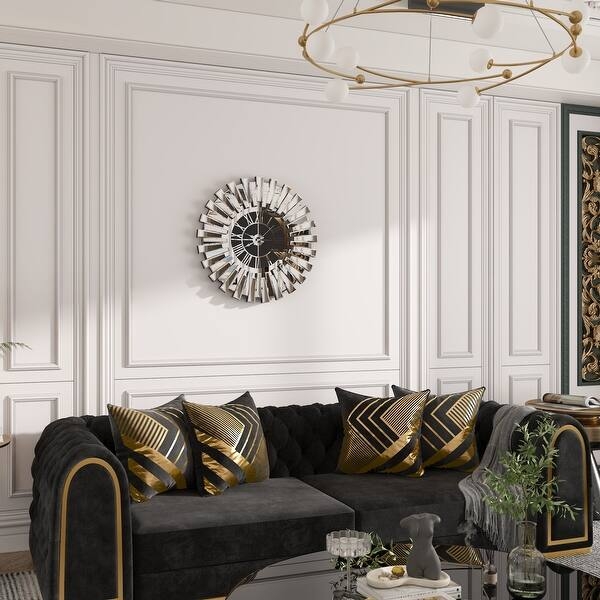 Wall Clock Round Mirrored Frame Crushed Glass Center Roman