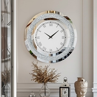 Wall Clock Round Mirrored Frame Crystal Diamond Inlay Roman