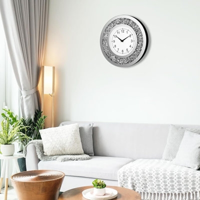 Wall Clock Round Mirrored Glass Face Crushed Crystal Border Roman