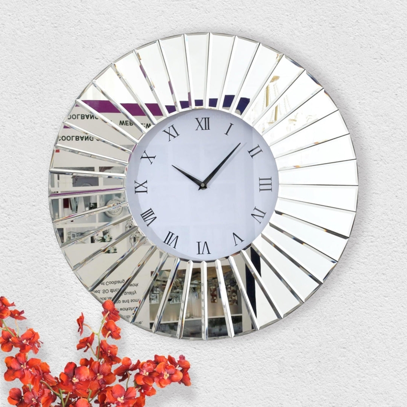 Wall Clock Round Mirrored Tiered Frame Starburst Center