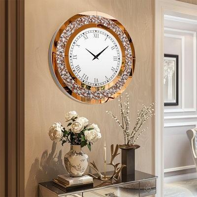 Wall Clock Round Silver Mirrored Frame With Crushed Diamond Inlay