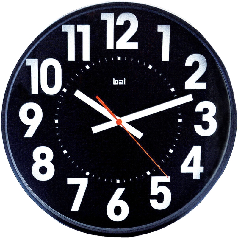 Wall Clock, Round with Black Face, High-Contrast Numerals, Red Second Hand