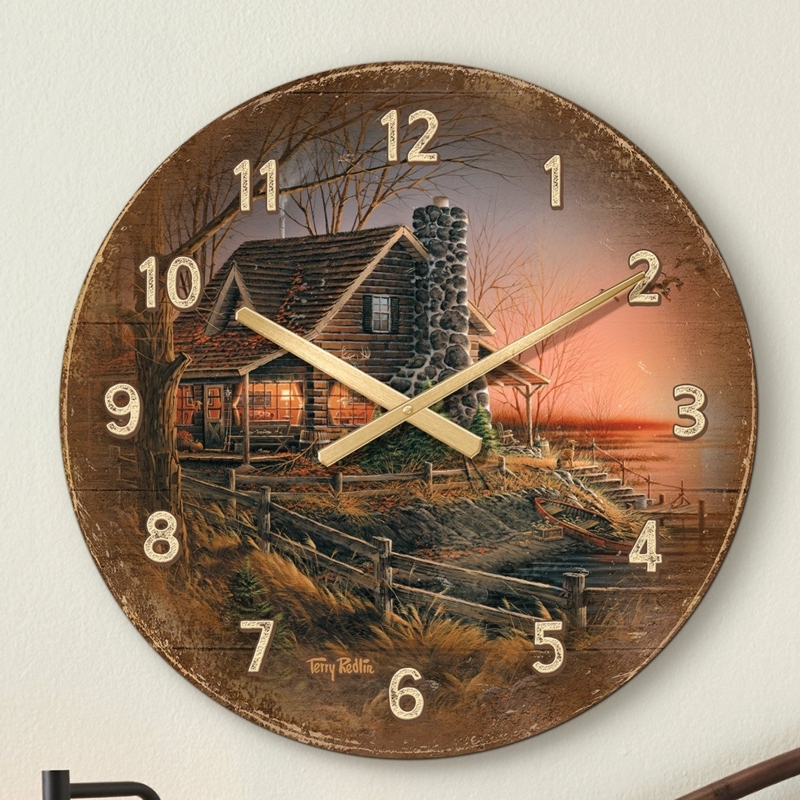 Wall Clock, Rustic Bear Motif, Wood Grain Frame with Metal Dial