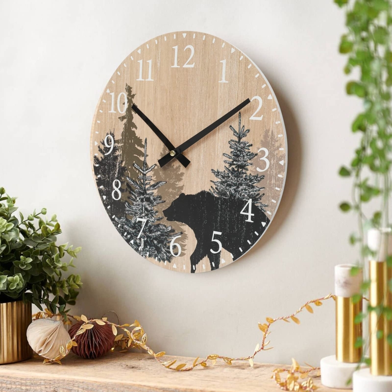 Wall Clock, Rustic Cabin Bear Silhouette, Wood Grain Lodge Decor