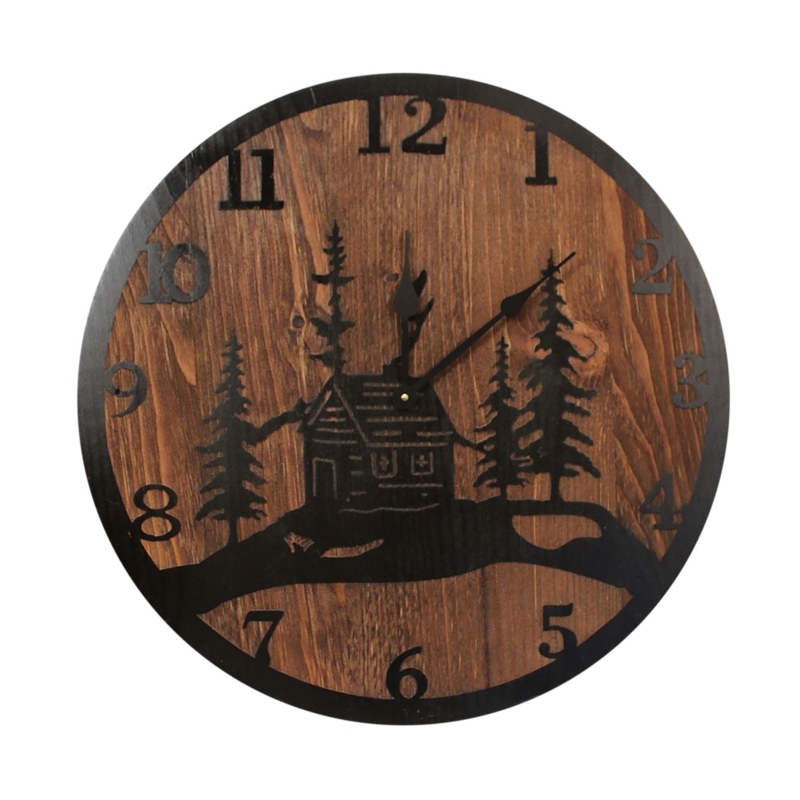 Wall Clock, Rustic Cabin Scene Illustration, Wood Frame Lodge Decor