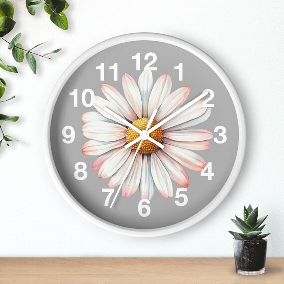 Wall Clock, Rustic Daisy Floral Face, Weathered Wood Backing