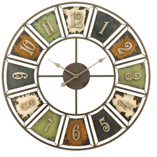 Wall Clock, Rustic Distressed Arabic Numerals on Tiles, Wood Center
