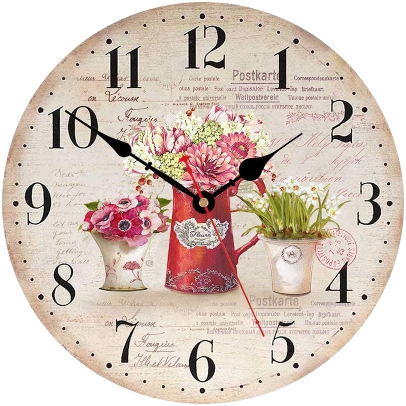 Wall Clock, Rustic Floral Wreath Design, Wood Grain Face
