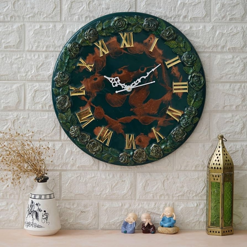 Wall Clock Rustic Forest Green Frame with Wood Toned Tree Motif