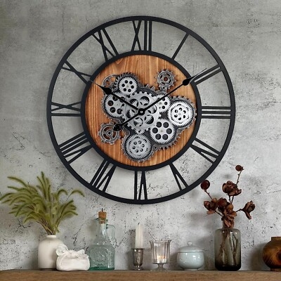 Wall Clock Rustic Industrial Oversized Moving Gears Bronze