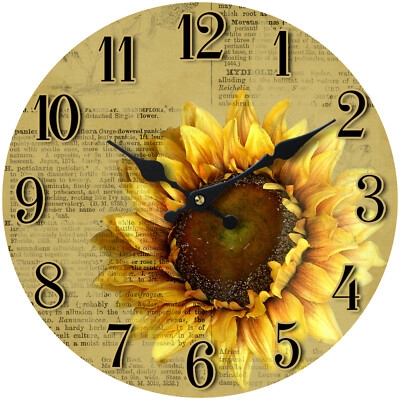 Wall Clock, Rustic Sunflower Motif, Wood Plank Print Face