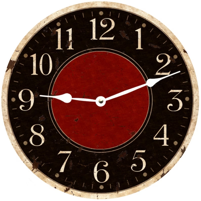 Wall Clock, Rustic Two-Tone Design, Textured Dark Frame and Wood Center