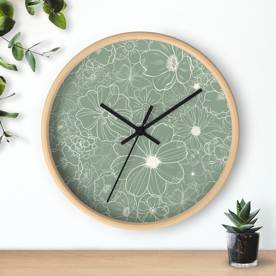 Wall Clock, Sage Green Face, Botanical Floral Illustration, Gold Markers