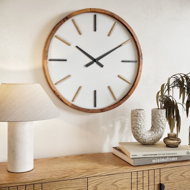 Wall Clock, Scandinavian Clean Style, Wood Frame, White Numberless Dial