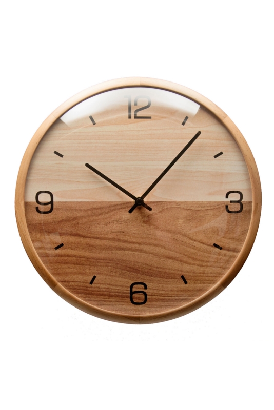Wall Clock Scandinavian Two-Tone Wooden Face Domed Glass Pine Frame