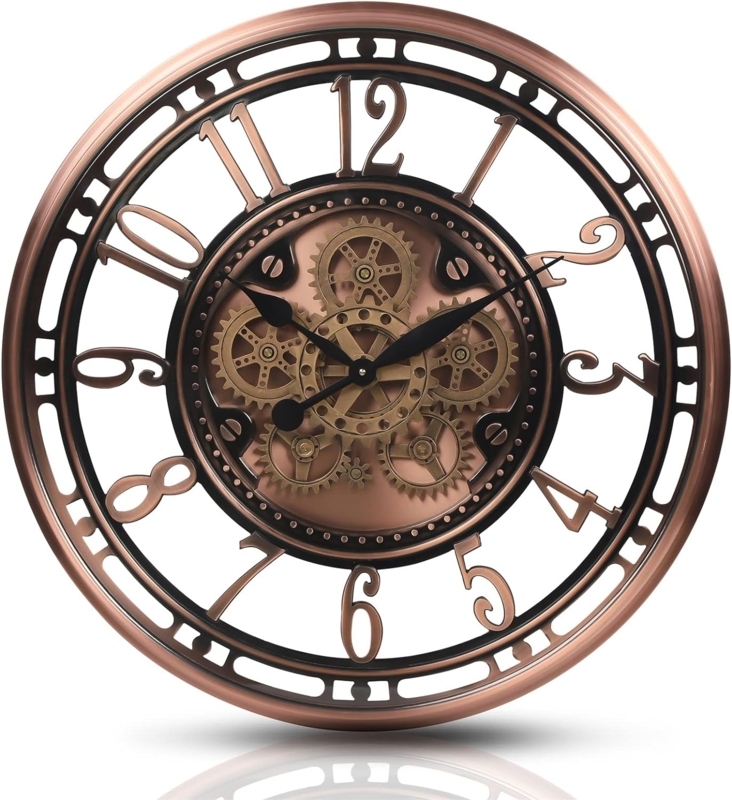 Wall Clock Silver Brushed Finish Moving Gears Industrial Modern