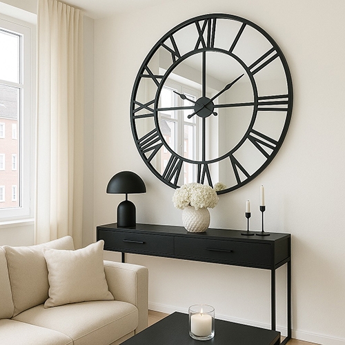 Wall Clock Skeletal Frame Mirrored Backing Black Roman Numerals Glam