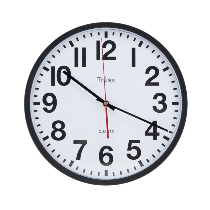 Wall Clock, Slim Black Case with White Dial and Red Second Hand