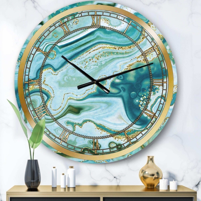 Wall Clock Split Face Design Navy Marble Blue and Gold Glam Art