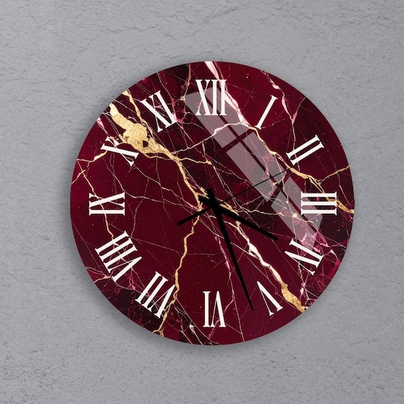 Wall Clock Square Burgundy Marble Face Glass Construction