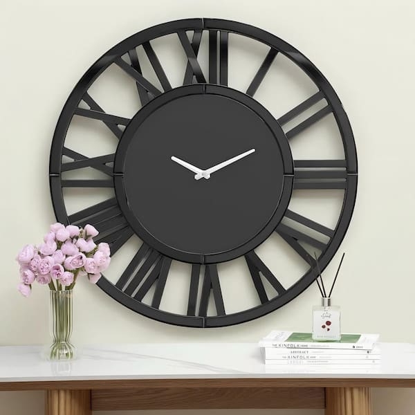 Wall Clock Square Crystal Inlay Mirrored Black Roman Numerals Glam