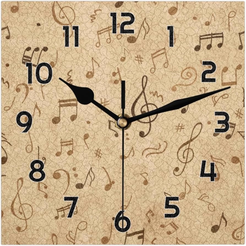 Wall Clock Square Musical Notes Rounded Corners Retro Modern Decor