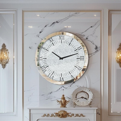 Wall Clock Square Sparkly Border Mirrored Roman Numerals Glam Decor