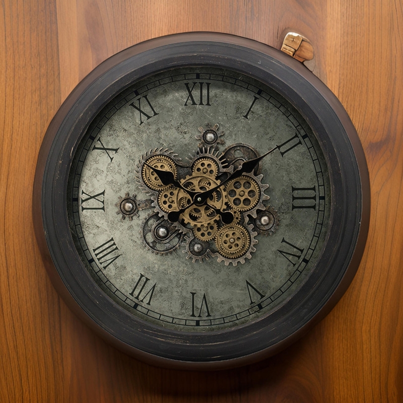 Wall Clock Steampunk Vintage Style Exposed Gears Gold and Dark Brown