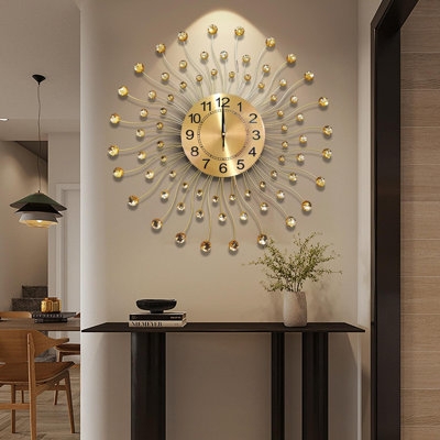 Wall Clock Sunburst Black Metal Crystal Accents Numeric Display