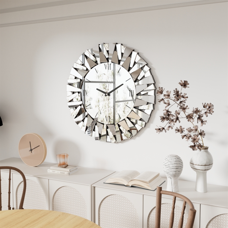 Wall Clock Sunburst Circular Accents Mirrored Roman Numerals Glam