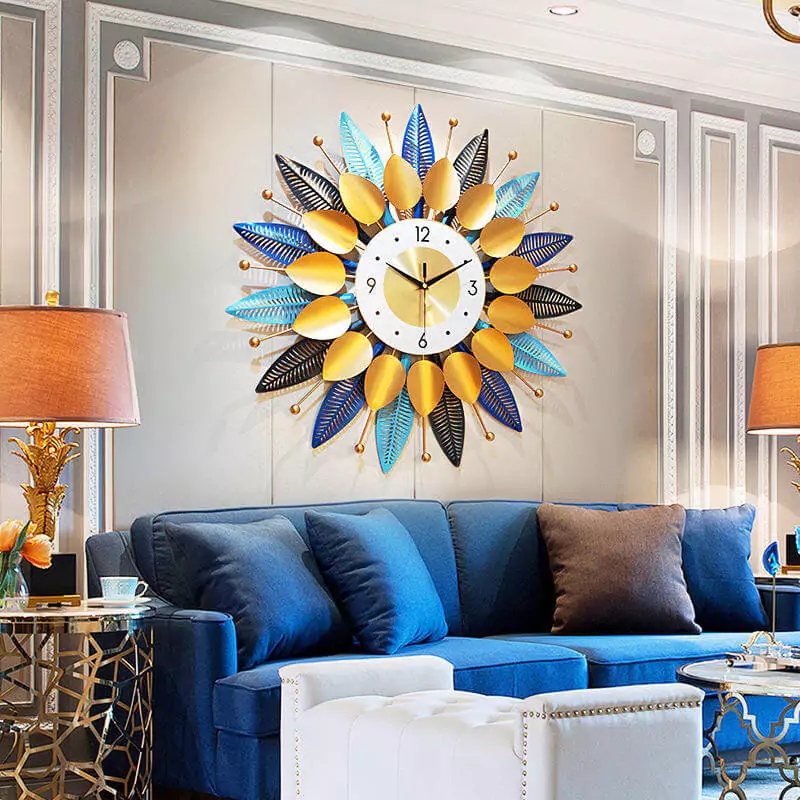 Wall Clock Sunburst Cobalt Blue & Gold-Toned Metal, Glam Living Room Decor