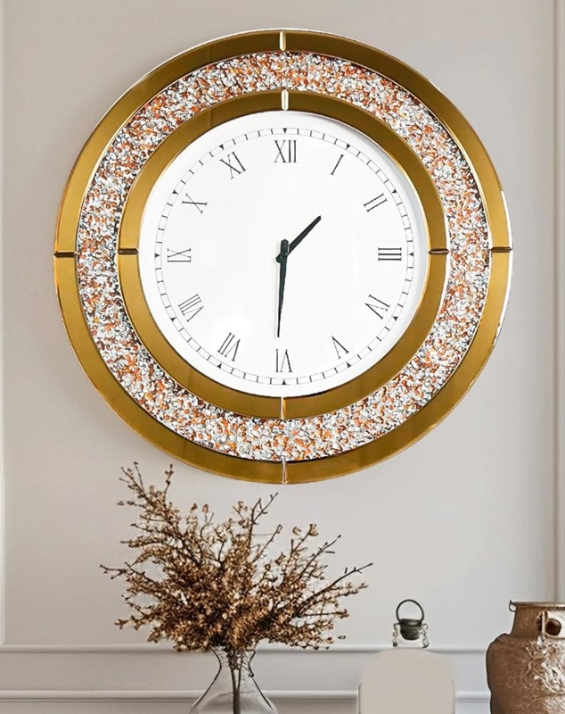 Wall Clock Sunburst Crushed Diamond Inlay Mirrored Glam Decor