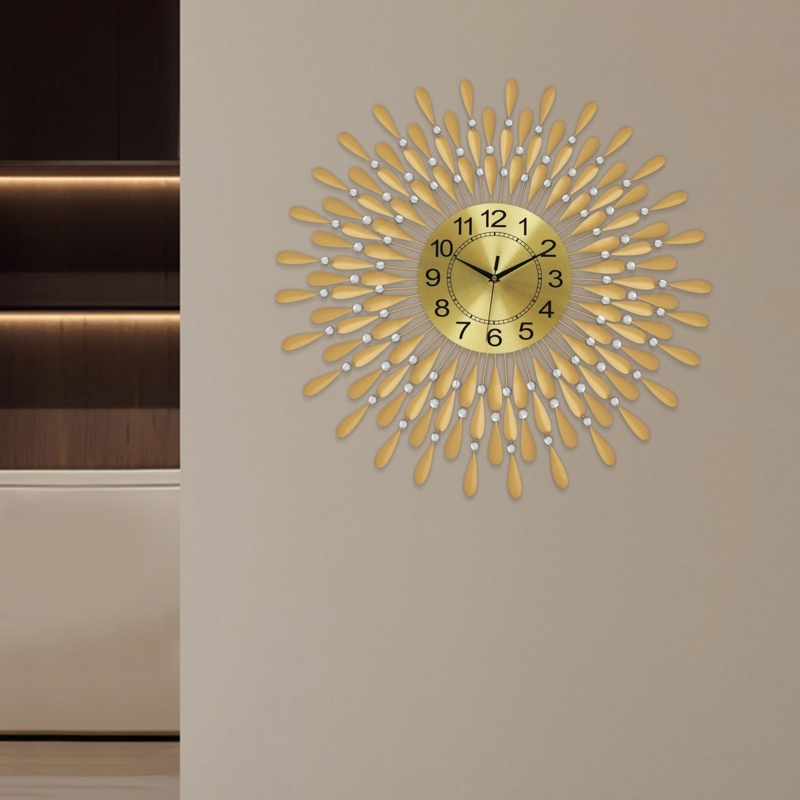 Wall Clock, Sunburst Wire Frame, Geometric Radial Symmetry, Polished Gold