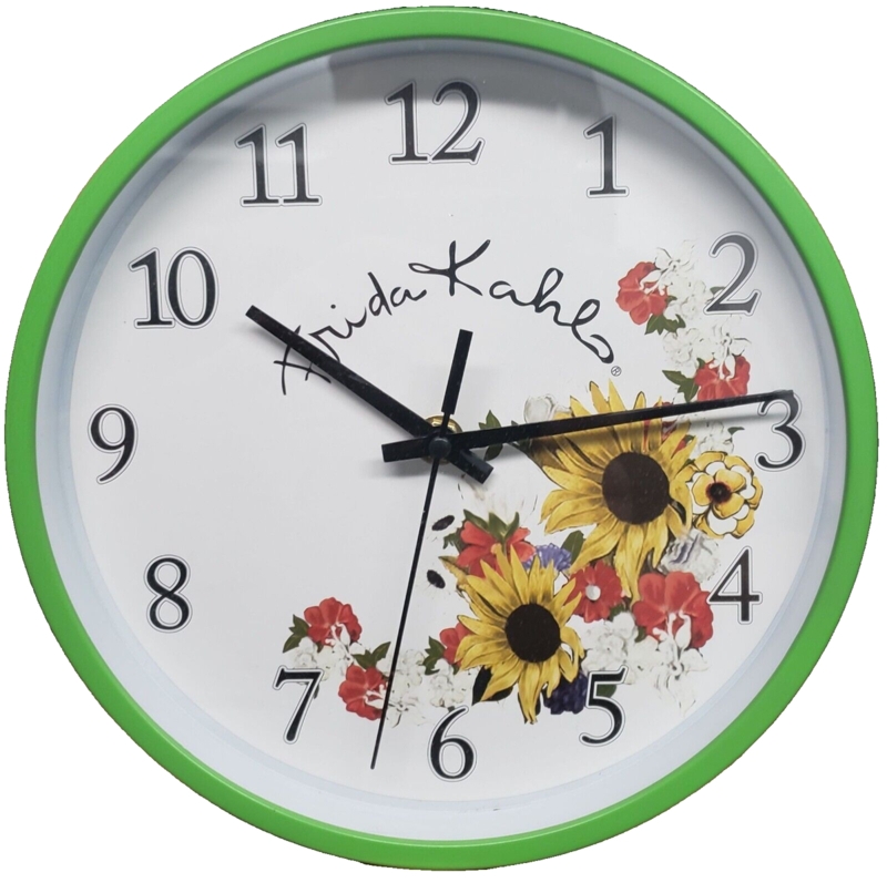 Wall Clock, Sunflower & Wildflower Motif, Vibrant Green Rim